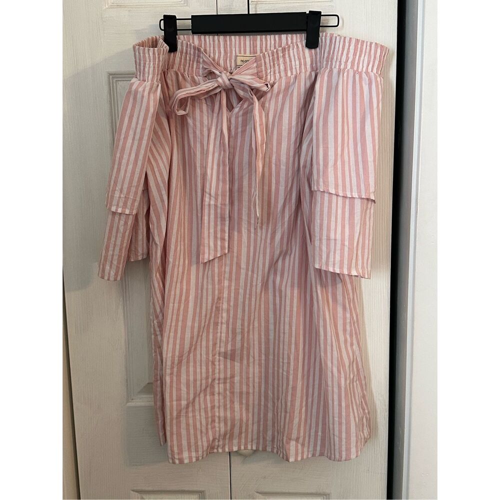 No Comment Women's Stripe Off-Shoulder 100% Cotton Blouse Pink White Large NWT